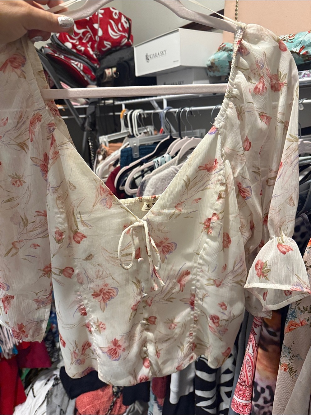 Miss Me Cream Floral Tie-Front Blouse
